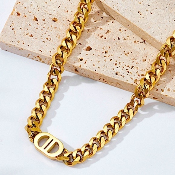 Gold Double D Stainless Steel Gold Plated Cuban Chain Link Necklace - Picture 1 of 6